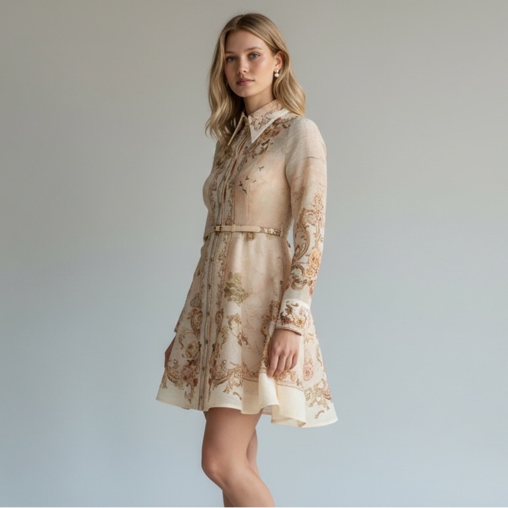 Zimmermann Cream and Beige Ornate Floral Shirt Mini Dress